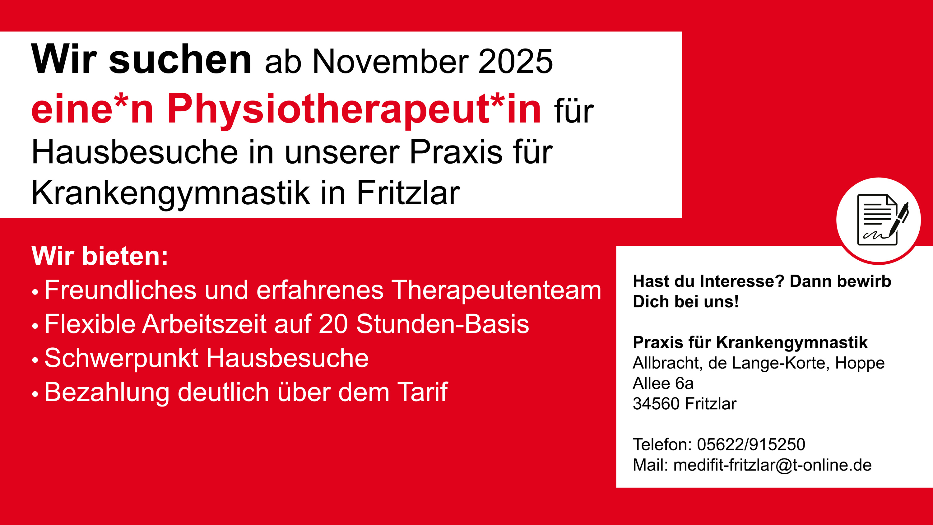 Stellenangebot Physiotherapeut Physiotherapeutin Fritzlar 2025